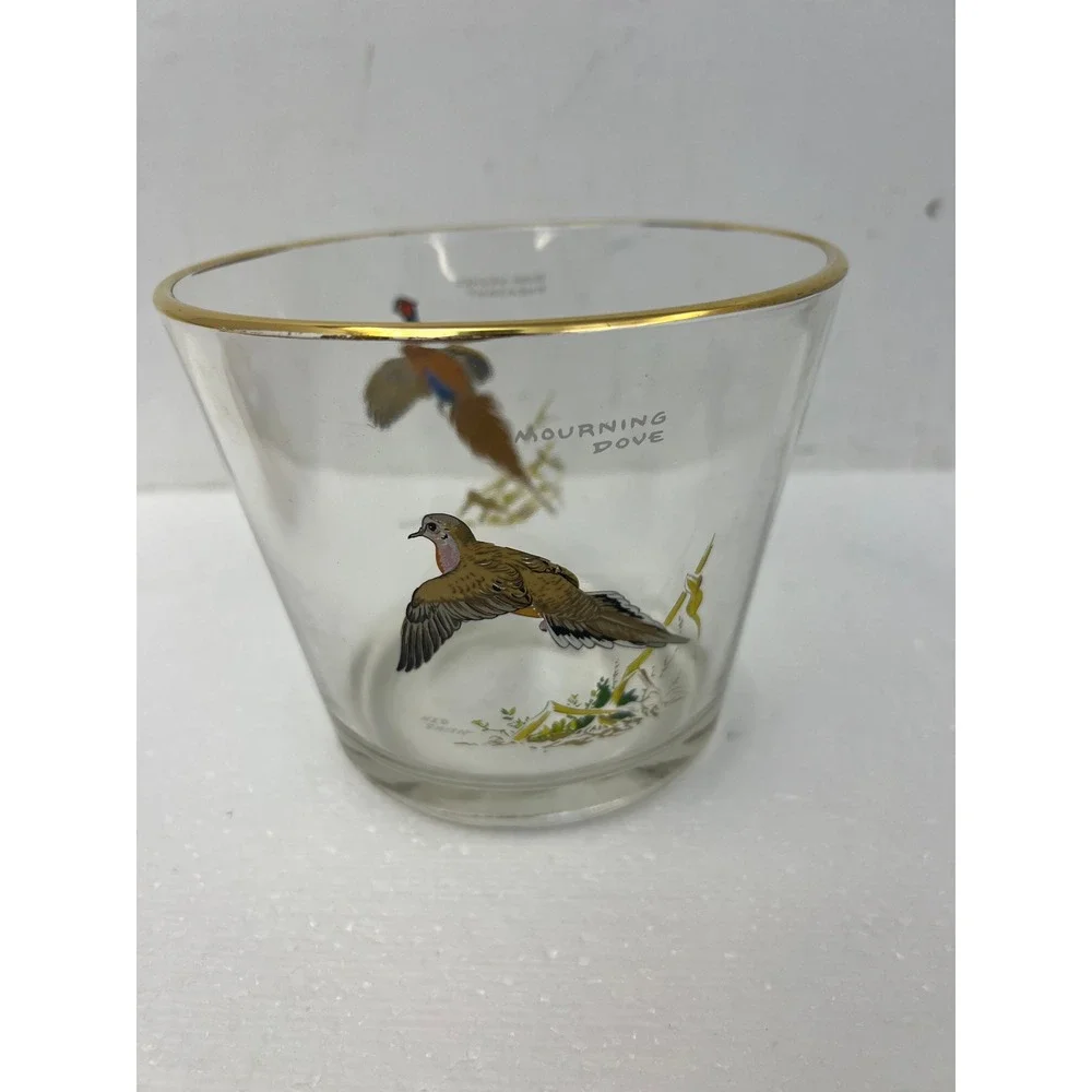 Ned Smith Vintage Glass Ice Bucket Ring-Necked Pheasant Mourning Dove Gold Rim